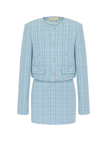 Голубой твидовый костюм из жакета и юбки-мини, 1