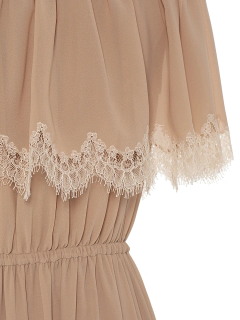 Бежевое платье-миди из шифона с кружевом, 3