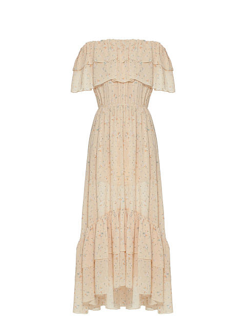 Персиковое шифоновое платье-миди с открытыми плечами, 1