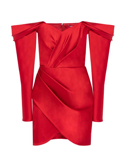 Красное платье-мини из шелка с открытыми плечами, 1