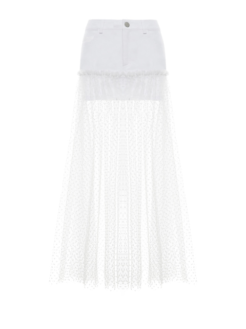 Белая юбка-миди из джинсовой ткани и сетки в горошек, 1