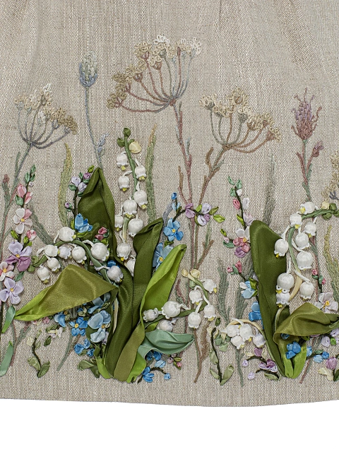 Бежевое платье-мини из льна с цветочной вышивкой и кружевом, 4