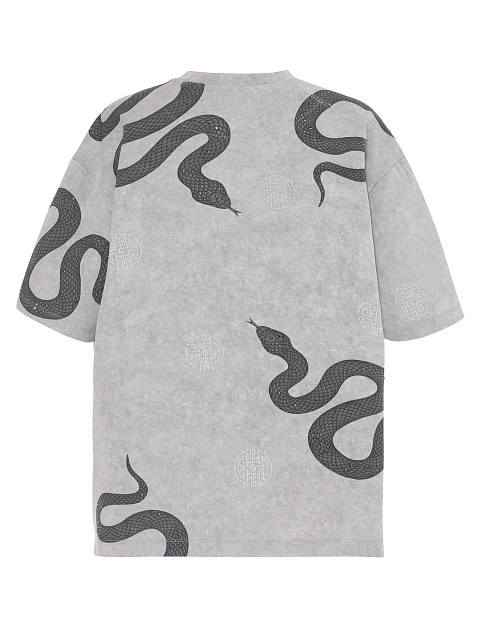 Серая футболка из меланжевого трикотажа с принтом и стразами, 2