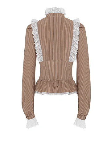 Коричневая блузка из хлопка в полоску с кружевом, 2