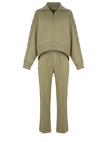 Оливковый костюм с укороченной толстовкой и вышивкой, 1