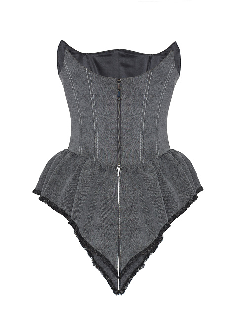 Темно-серый корсет из денима с баской и фигурным вырезом, 3