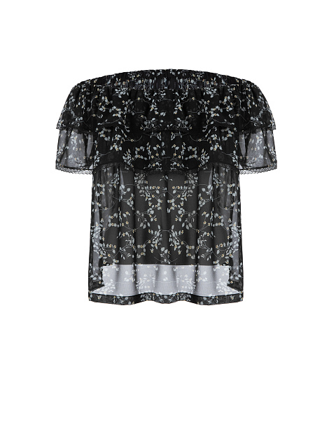 Черный шифоновый топ с открытыми плечами и цветочным принтом, 2 Черный шифоновый топ с открытыми плечами и цветочным принтом, 2