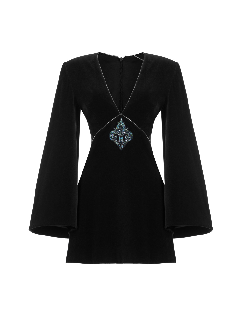 Черное бархатное платье-мини с вышивкой, 1