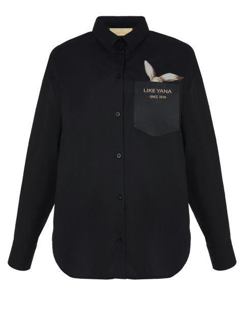 Черная рубашка с карманом из эко-кожи и принтом, 1