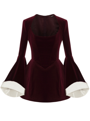 Бордовое платье-мини из бархата с расклешенным рукавом, 2