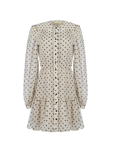 Бежевое шифоновое платье-мини в черный горошек, 3