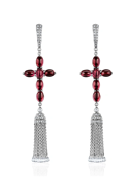 Серьги-кисти с крестами из белого золота с гранатами, 1