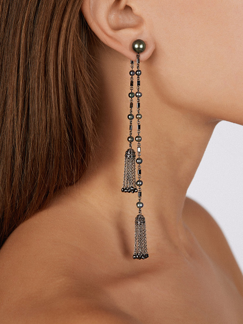 Серьги-кисти из черненого золота с черными бриллиантами и черным жемчугом, 2