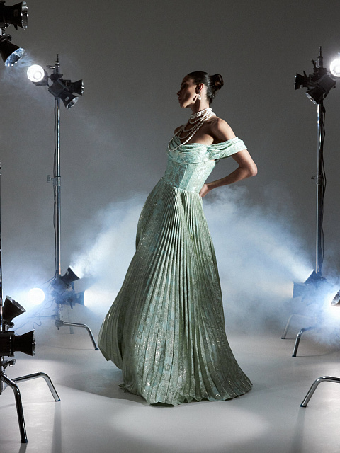 Светло-зеленое платье-макси из жаккарда, 6