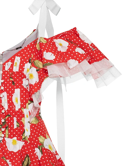 Красное платье-мини из хлопка с цветочным принтом, 6