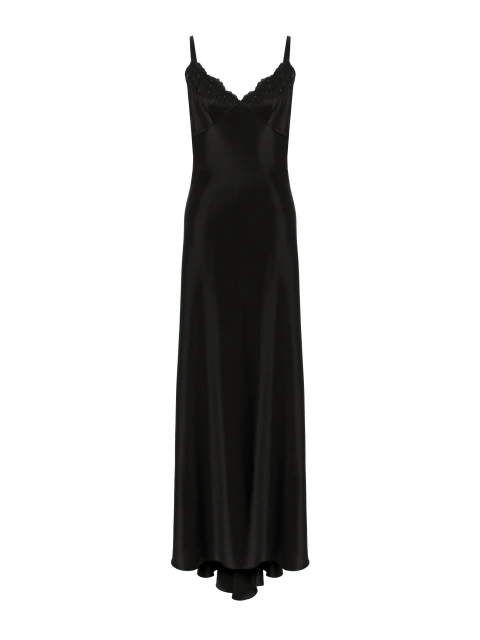 Черное платье-макси из шелка с открытой спиной и кружевом, 1
