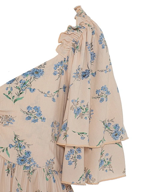 Бежевое платье-мини из вискозы с голубым цветочным принтом и воланами, 3