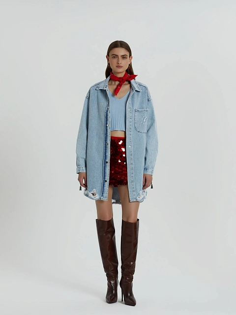 Удлиненная голубая рубашка из денима, 7