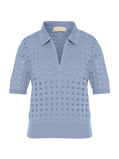 Голубой вязаный комплект из поло и шорт, 3