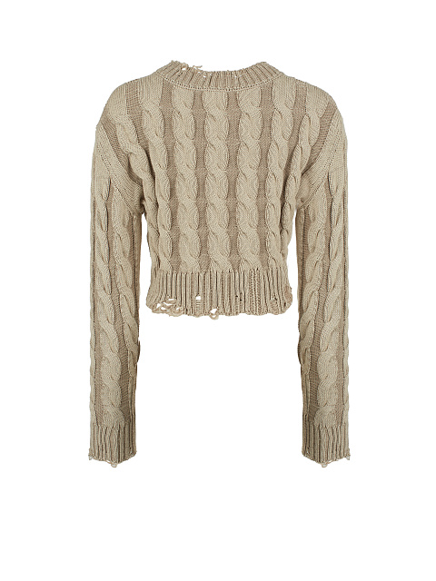 Укороченный бежевый свитер с косами и разрывами, 2