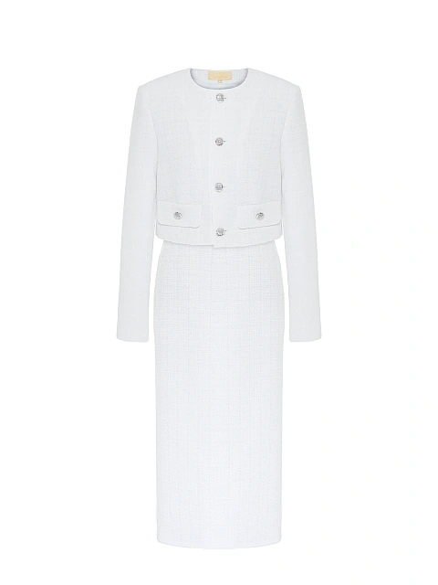 Белый твидовый костюм из жакета и юбки-миди, 1