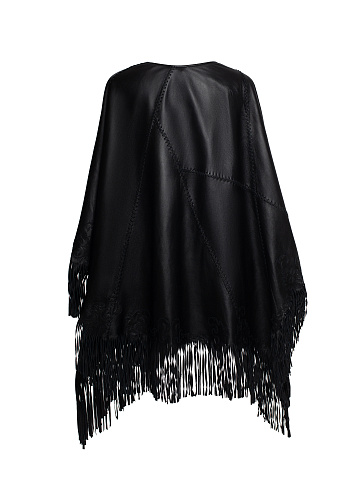 Черное пончо из кожи с вышивкой и бахромой, 2