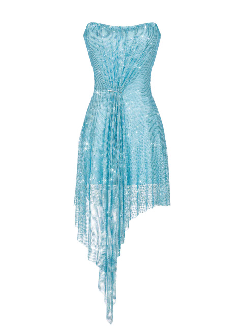 Голубое платье-мини из сетки со стразами, 1