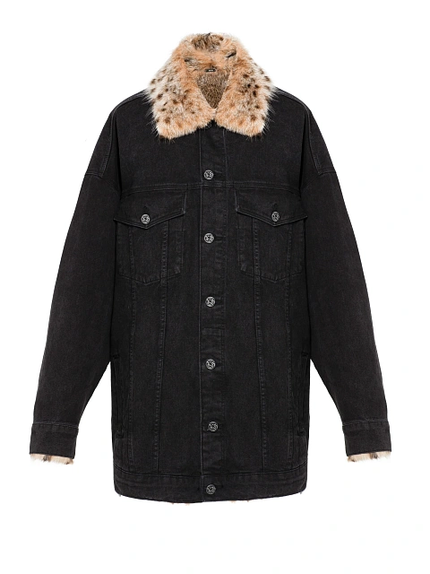 Черная удлиненная джинсовая куртка с подкладом из бобкэта, 1