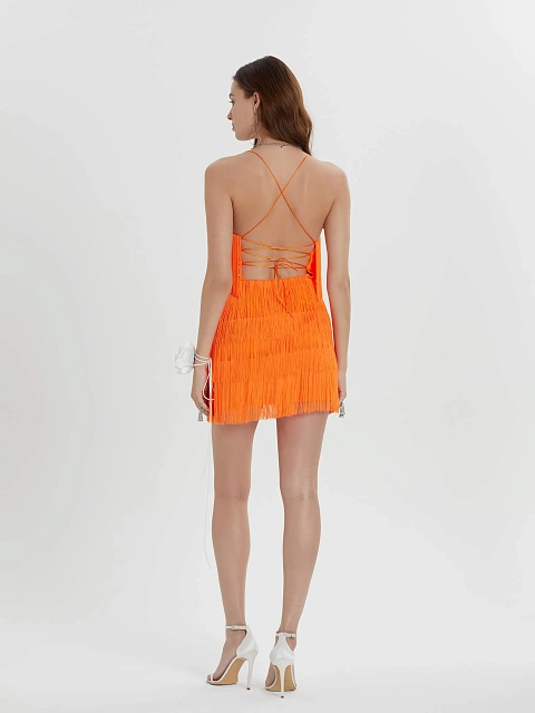 Оранжевое платье-мини с бахромой, 7
