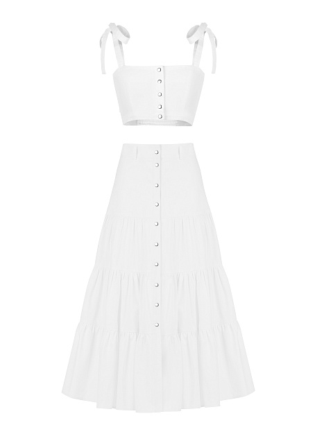 Белый костюм из джинсовой ткани с юбкой-миди, 1