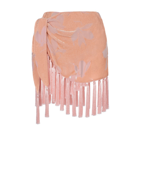 Розовая юбка-мини из панбархата с бахромой, 1