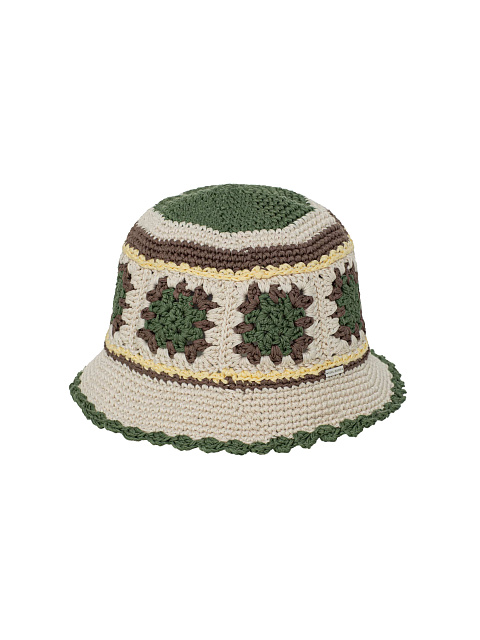 Бежево-зеленая вязаная панама в технике кроше, 2