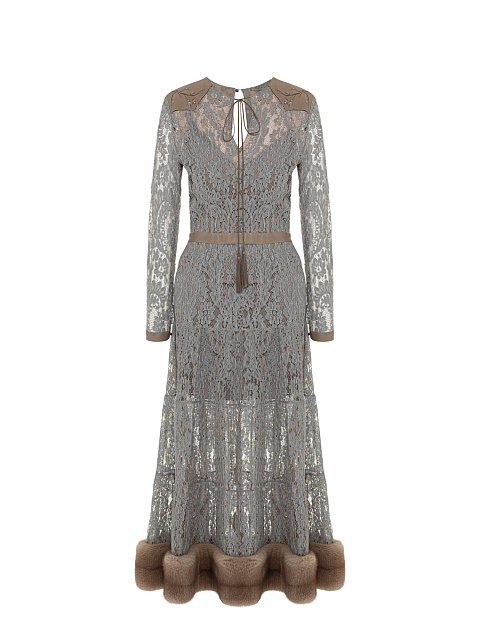 Серое платье из кружева с декором из норкового меха, 1
