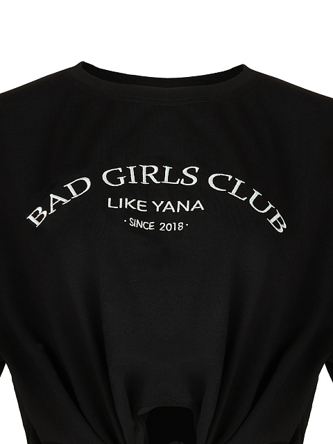 Укороченная черная футболка с завязками и белой вышивкой, 3