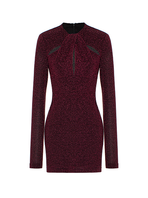 Бордовое трикотажное платье-мини с люрексом, 1