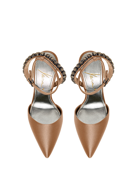 Бежевые туфли из сатина с острым мысом и стразами, 4