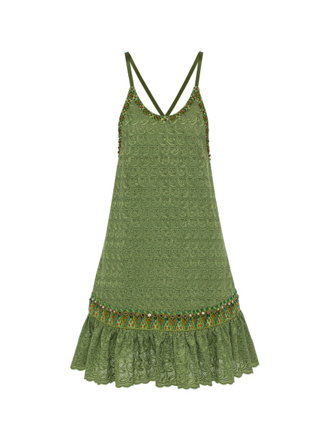 Зеленое платье-мини из хлопка с бисером, 1