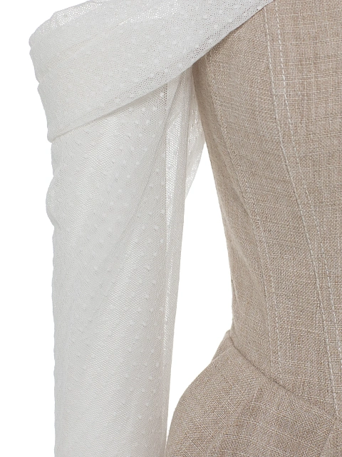 Бежевое платье из льна с кружевными рукавами, 3