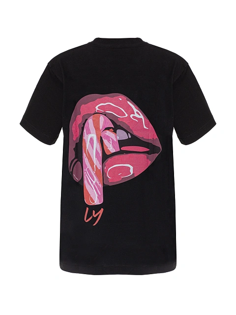 Черная хлопковая футболка с принтом на спине, 1