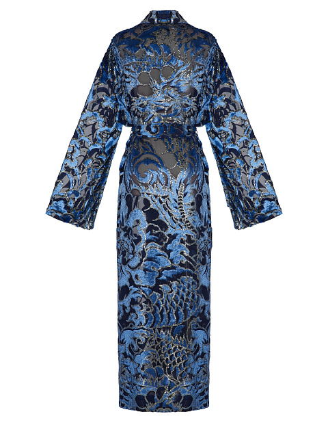 Синий халат из бархата с золотистым узором, 2