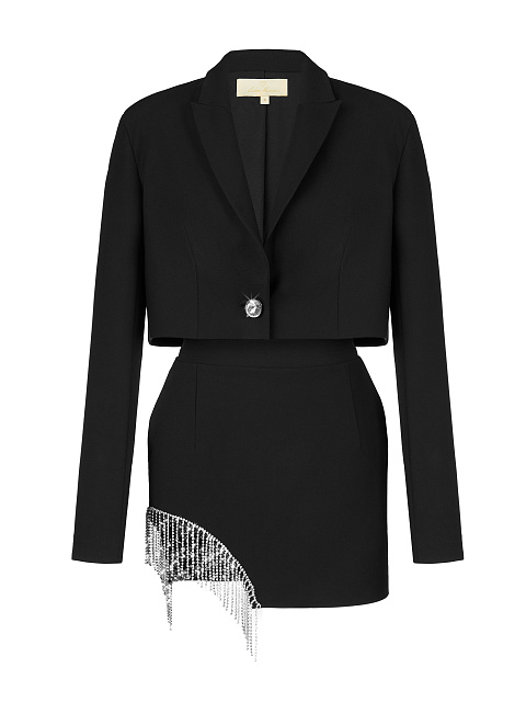 Черный костюм-двойка с бахромой из страз, 1