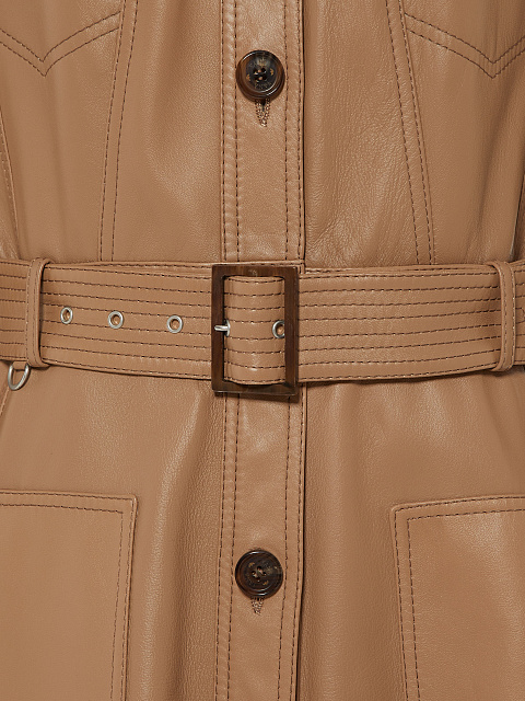Бежевое кожаное пальто с поясом, 3