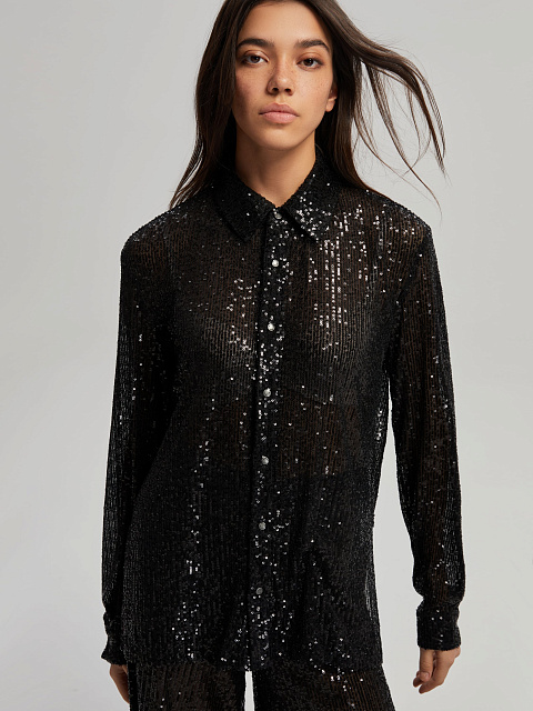 Черный костюм из рубашки и брюк в пайетках, 13