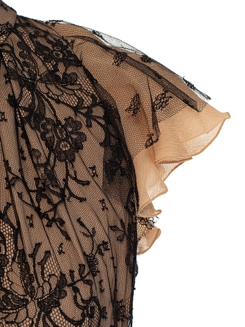 Бежевое платье-миди из шифона с черным кружевом, 3 Бежевое платье-миди из шифона с черным кружевом, 3