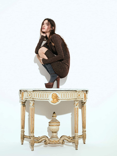 Бронзовое трикотажное платье-мини с люрексом, 5 Бронзовое трикотажное платье-мини с люрексом, 5