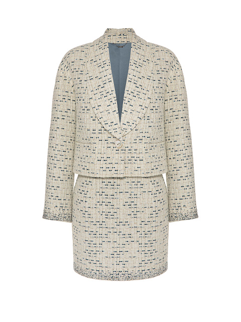 Молочный твидовый костюм из жакета и юбки-мини, 1