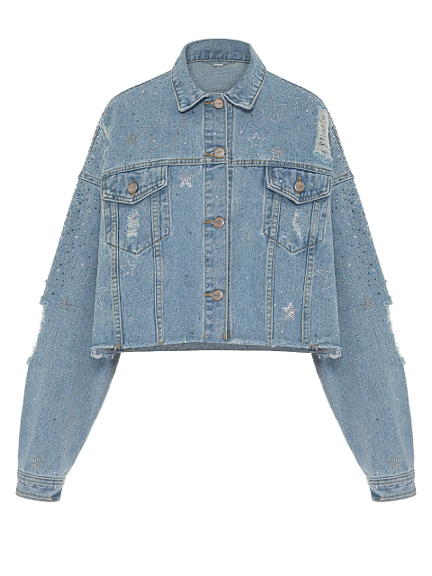 Голубая укороченная джинсовка с рваным низом и стразами, 1
