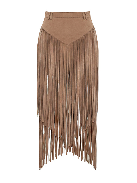 Бежевая юбка-миди из замши с бахромой, 1