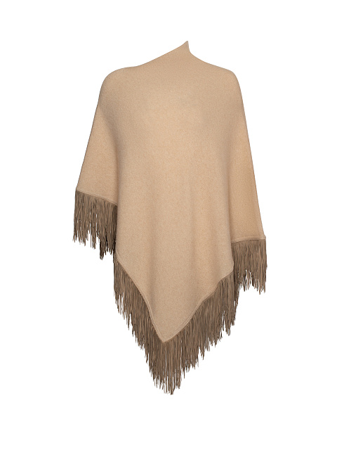 Бежевое кашемировое пончо с бахромой из замши, 1 Бежевое кашемировое пончо с бахромой из замши, 1