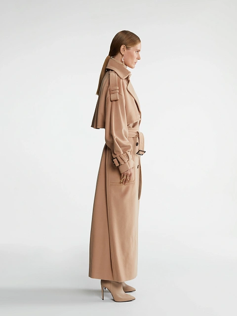 Бежевое двубортное пальто из кашемира с поясом, 3
